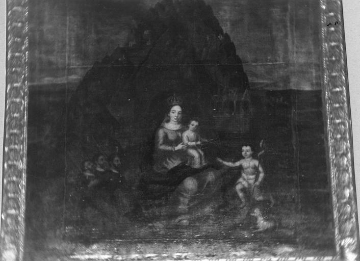 Tableau : Notre-Dame de Montserrat, avec saint Jean-Baptiste enfant et trois donateurs en orants, huile sur toile ; avant restauration