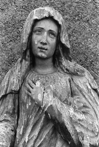 Statue : Vierge du Calvaire, détail du visage, bois sculpté, peint ; avant restauration