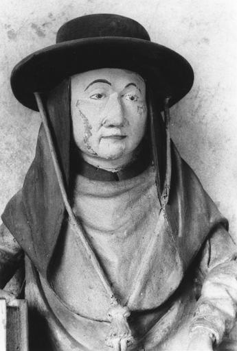 Statue : Saint Jérôme, détail du visage, bois sculpté, peint