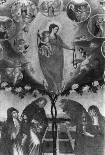 Tableau : La Vierge du Rosaire avec saint Dominique et sainte en présence de saint François d'Assise et sainte Claire, huile sur toile