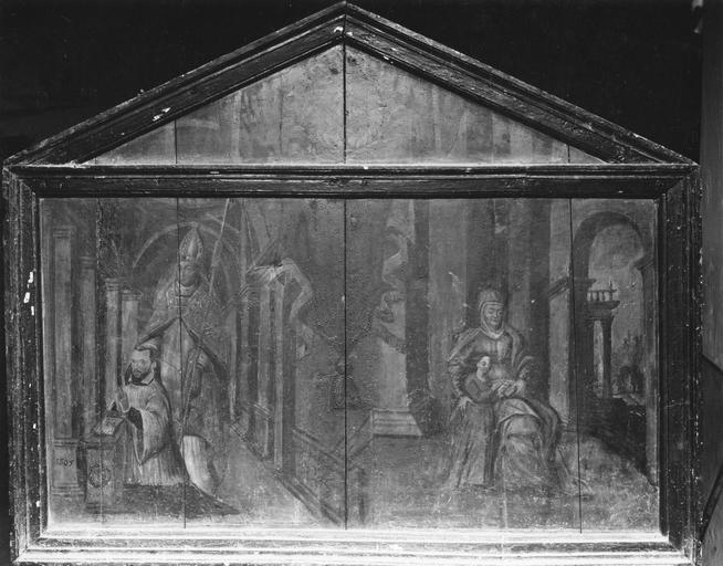 Triptyque : Saint Claude et un donateur, L'Education de la Vierge, panneaux peints assemblés dans un cadre pour former un tableau ; avant restauration
