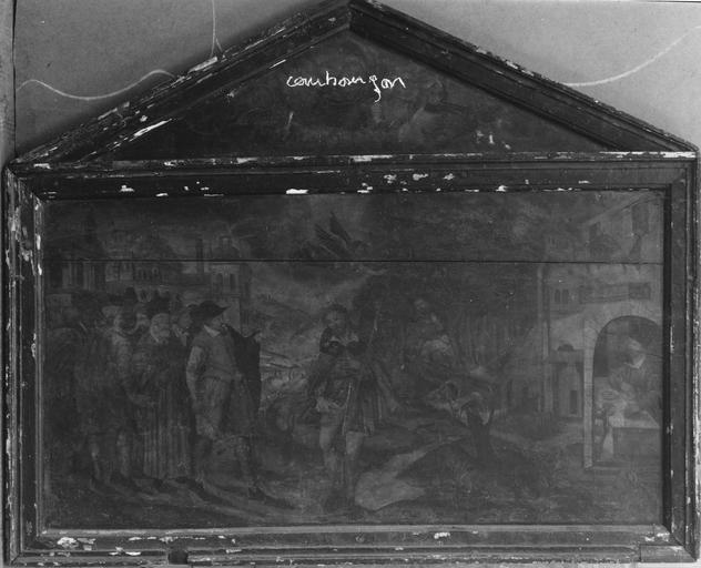 Triptyque : Episode de la vie de saint Roch, panneaux peints (avers) ; avant restauration