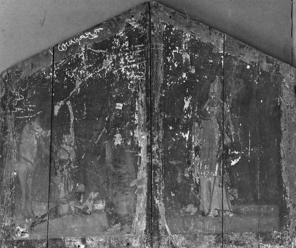 Triptyque : Saint Hubert et saint Eloi, volets du triptyque, panneaux peints ; pendant restauration