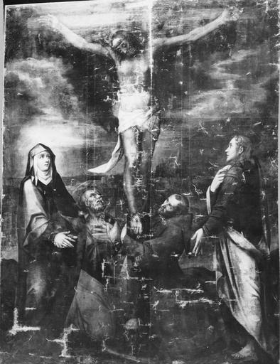 Tableau : Le Christ en croix avec la Vierge, saint Jean, saint Pierre (?) et saint François d'Assise, huile sur toile