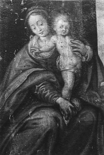 Tableau : Vierge à l'Enfant entourée par saint Pierre, saint Jean-Baptiste, saint Sébastien et saint Roch, détail de la Vierge, huile sur toile - © Ministère de la Culture (France), Médiathèque du patrimoine et de la photographie (objets mobiliers), tous droits réservés