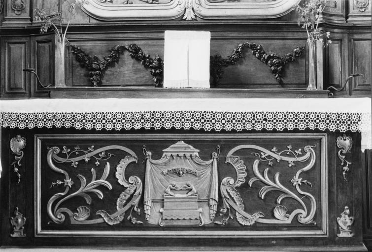 Antependium sculpté d'un dais de tissu sous lequel est placée l'Arche d'Alliance, encadré par des motifs végétaux et des coquilles, bois sculpté, peint, doré - © Ministère de la Culture (France), Médiathèque du patrimoine et de la photographie (objets mobiliers), tous droits réservés