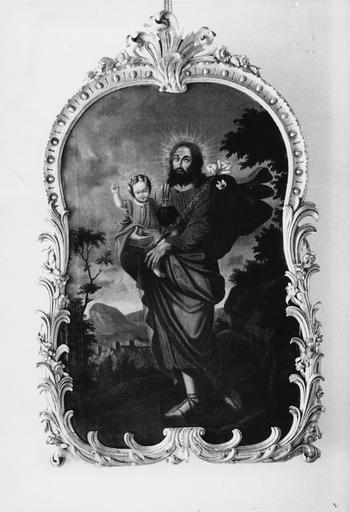 Tableau : Saint Joseph et l'Enfant Jésus, huile sur toile, cadre de forme mouvementée orné d'oves et de motifs végétaux, bois sculpté, doré - © Ministère de la Culture (France), Médiathèque du patrimoine et de la photographie (objets mobiliers), tous droits réservés