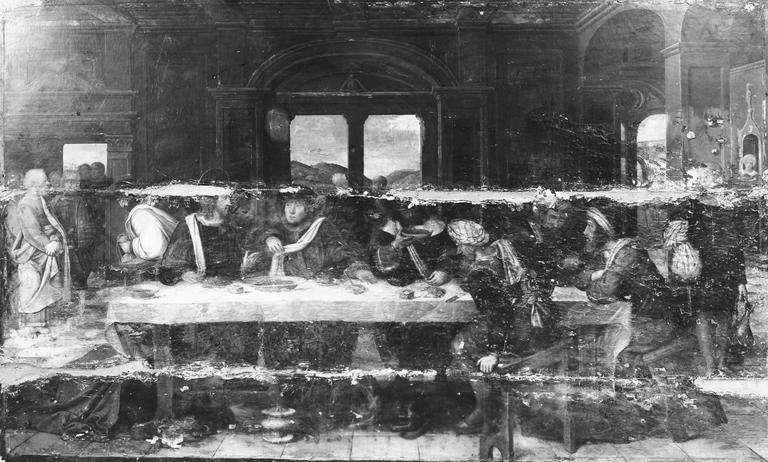 Tableau : Le repas chez Simon le Pharisien, détail de la couche picturale vue en lumière rasante, panneau peint ; pendant restauration - © Ministère de la Culture (France), Médiathèque du patrimoine et de la photographie (objets mobiliers), tous droits réservés