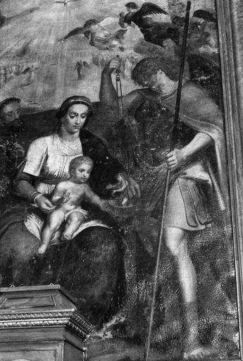 Tableau : Saint Michel pesant les âmes en présence de la Vierge et de l'Enfant Jésus, sainte Anne et deux autres saints (saint Pierre et saint François ?), détail, huile sur toile - © Ministère de la Culture (France), Médiathèque du patrimoine et de la photographie (objets mobiliers), tous droits réservés