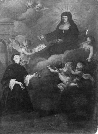 Tableau : Le voeu d'une femme pieuse à sainte Jeanne de Chantal, huile sur toile ; avant restauration