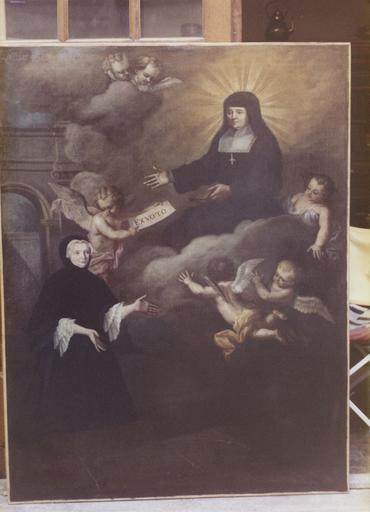 Tableau : Le voeu d'une femme pieuse à sainte Jeanne de Chantal, huile sur toile ; après restauration