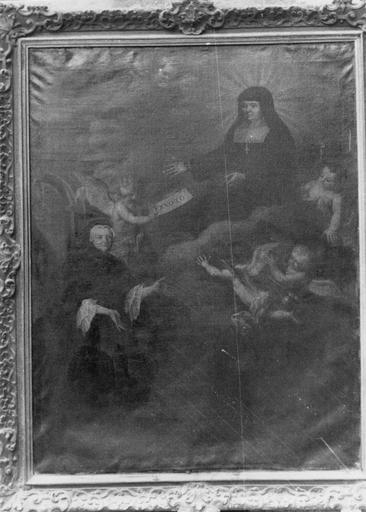 Tableau : Le voeu d'une femme pieuse à sainte Jeanne de Chantal, huile sur toile ; avant restauration