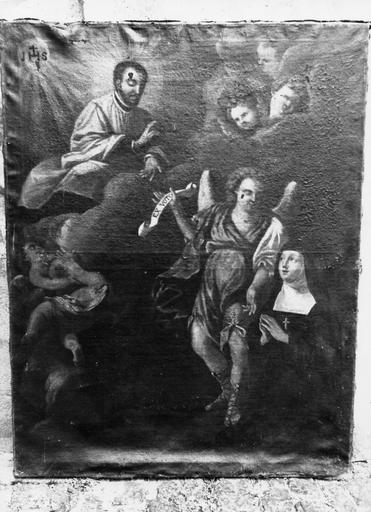 Tableau : Le voeu d'une religieuse adressé à Saint Ignace de Loyola, huile sur toile ; avant restauration