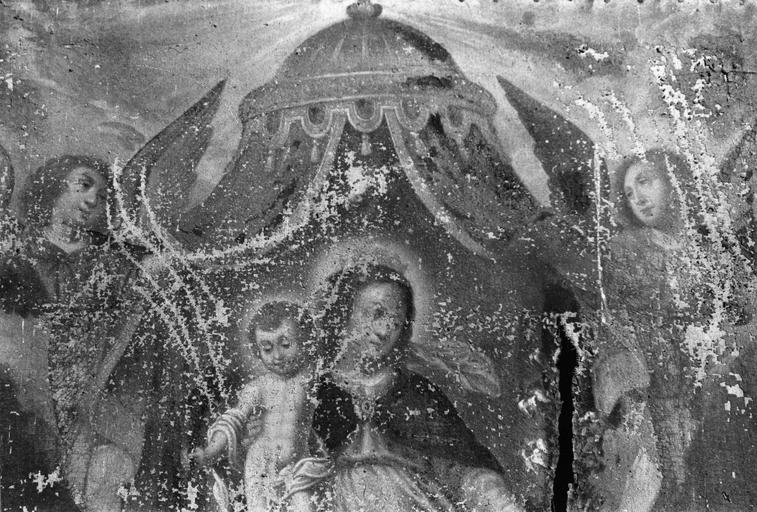 Tableau : La Vierge et l'Enfant donnant le Rosaire à saint Dominique et sainte Catherine de Sienne, détail des visages de la Vierge et de Jésus, huile sur toile ; avant restauration - © Ministère de la Culture (France), Médiathèque du patrimoine et de la photographie (objets mobiliers), tous droits réservés