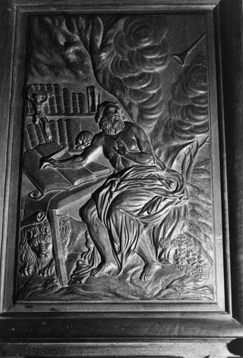 Chaire à prêcher : Saint Marc, détail d'un panneau sculpté en bas-relief de la tribune, bois sculpté ; avant restauration