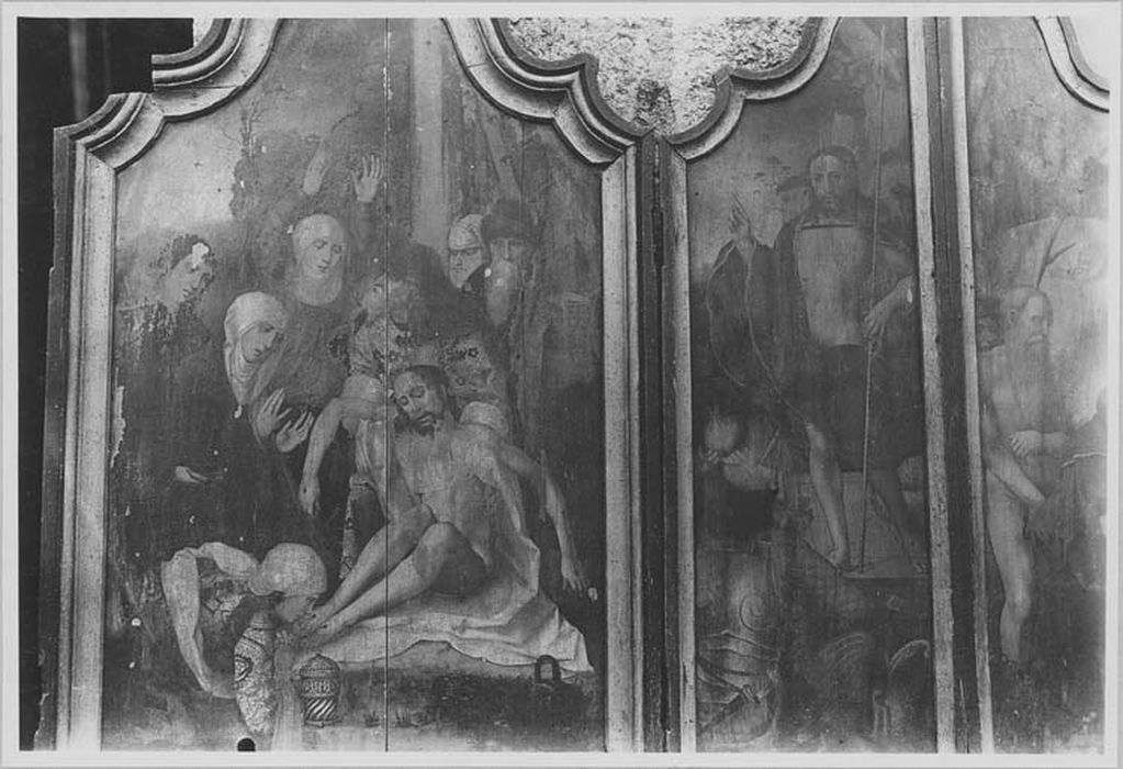 tableaux (ancien triptyque) : La Mise au tombeau, La Résurrection du Christ, Le Christ retirant les âmes du Purgatoire, vue partielle