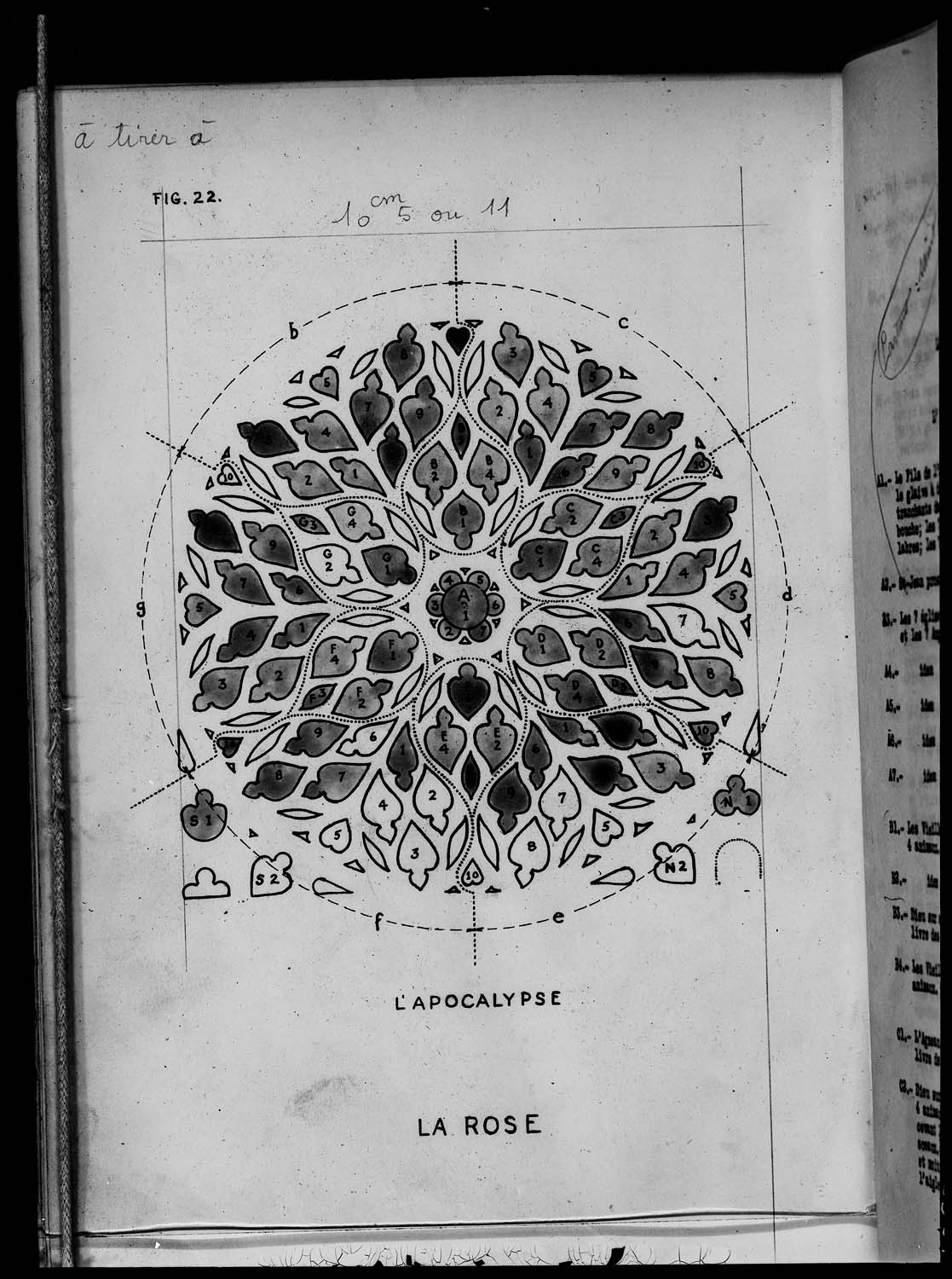 Plan de répartition des panneaux de vitrail de la rose de l’Apocalypse (Rose ouest)