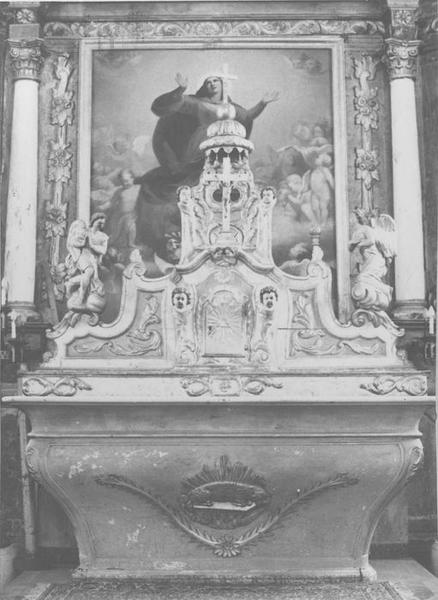 autel, gradin, tabernacle, exposition, 2 statues (maître-autel) : anges adorateurs, vue générale