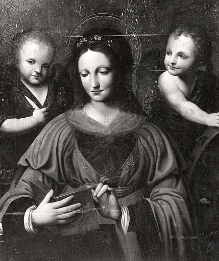 Tableau : Sainte (?) entourée de deux anges