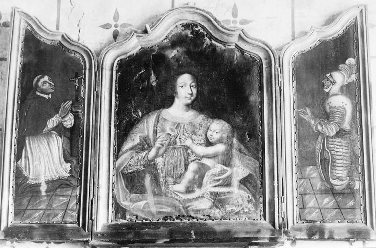 tableau (triptyque) : Vierge à l'Enfant (partie centrale), cardinal (volet de gauche), chevalier (volet de droite)