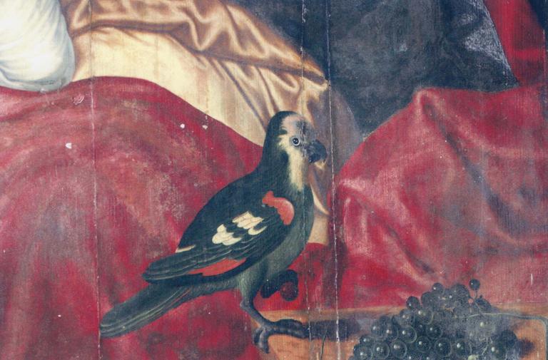 tableau : La Sainte Famille, panneau de bois peint, détail de l'oiseau (en bas à droite)