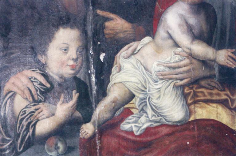 tableau : La Sainte Famille, panneau de bois peint, détail de saint Jean