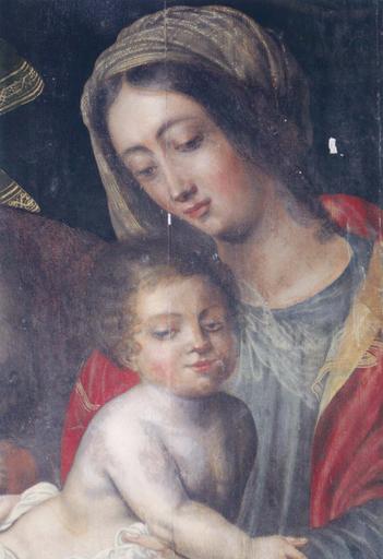 tableau : La Sainte Famille, panneau de bois peint, détail de la partie centrale : Vierge à l'Enfant