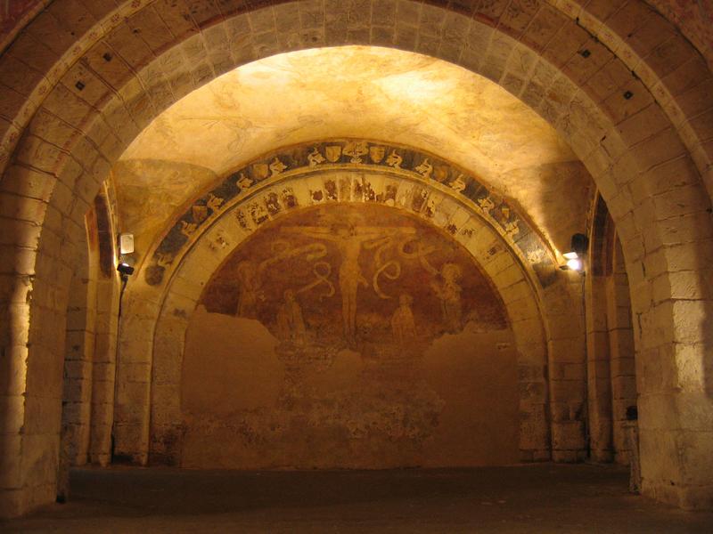 peintures monumentales de la crypte : Christ en majesté entre saint Pierre et saint Jacques (le), Vierge à l'Enfant, sainte Anne et saint Jean-Baptiste, avec les donateurs, Vierge de Pitié avec les donateurs, jugement dernier (le), crucifixion (la), résurrection de Lazare (la), scènes de la vie de saint Gilles