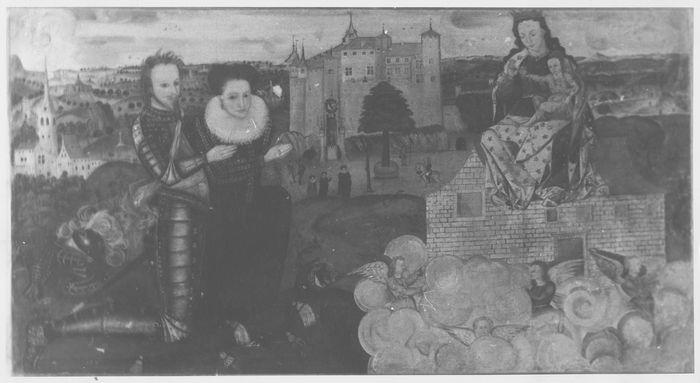 Tableau : Alexandre Capponi et son épouse Françoise d'Ogerolles face à une chapelle votive, en mémoire de l'assassinat en 1584 d'Anthoine et Jean d'Ogerolles par Aymard de Saint Priest et son fils