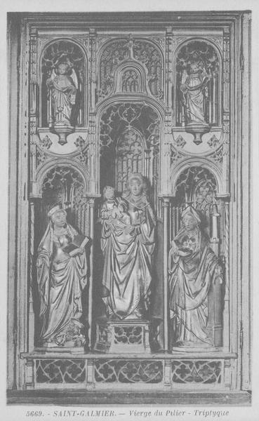 triptyque : 3 statuettes : Vierge à l'enfant, sainte Catherine, sainte Barbe, vue générale