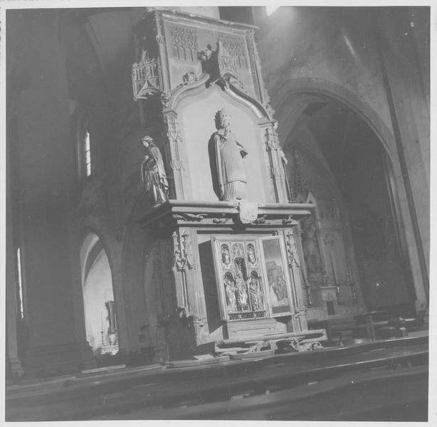 triptyque : le Mariage de la Vierge, la Nativité (volets), 3 statuettes : Vierge à l'enfant, Sainte Catherine, Sainte Barbe, vue générale