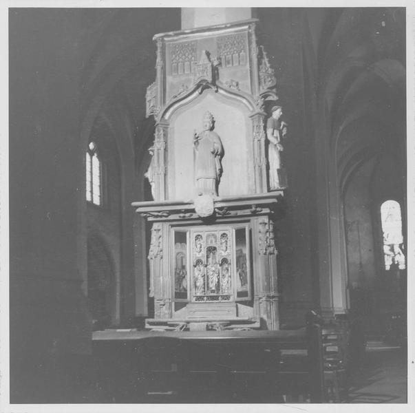 triptyque : le Mariage de la Vierge, la Nativité (volets), 3 statuettes : Vierge à l'enfant, Sainte Catherine, Sainte Barbe, vue générale