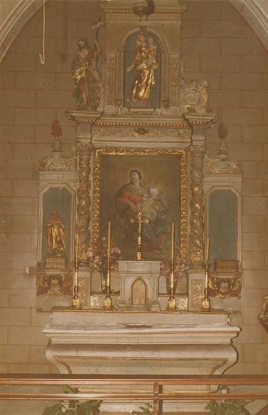 autel et retable de la Vierge, 3 statues : Vierge à l'enfant, saint Jean-Baptiste, sainte Catherine, tableau : Vierge à l'enfant, vue générale