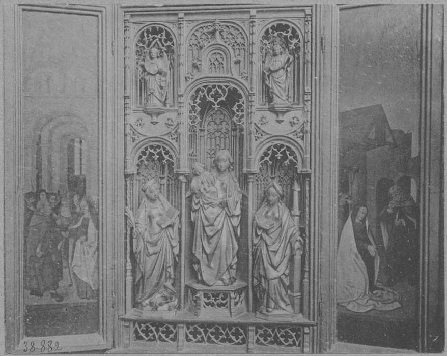 triptyque : Le Mariage de la Vierge, La Nativité, Saint Guillaume et un donateur, Saint Jean (volets), statuettes : Vierge à l'Enfant, Sainte Catherine, Sainte Barbe