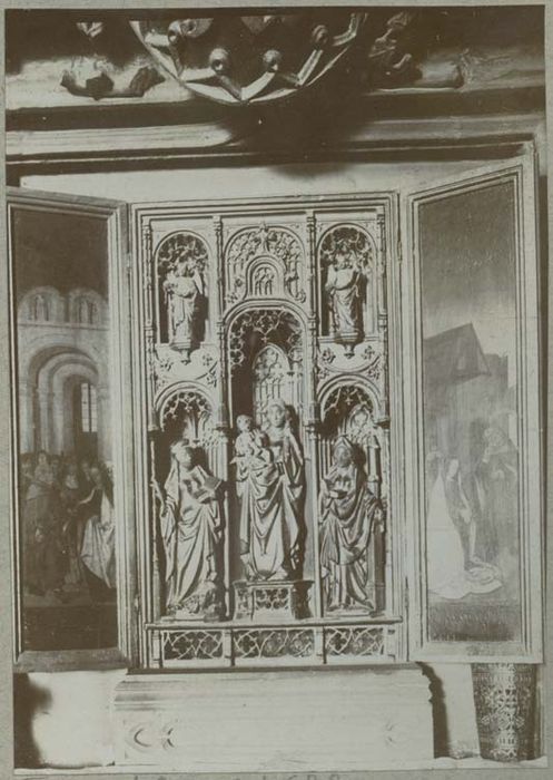 triptyque : Le Mariage de la Vierge, La Nativité, Saint Guillaume et un donateur, Saint Jean (volets), 3 statuettes : Vierge à l'Enfant, Sainte Catherine, Sainte Barbe