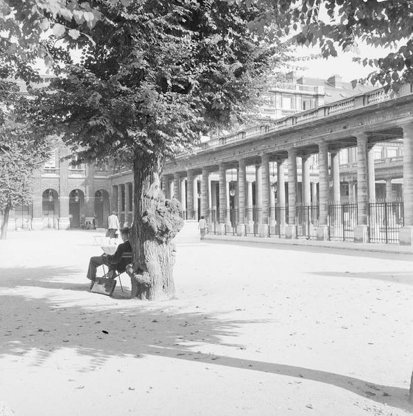 [Un homme en train de lire un livre, assis contre un arbre du jardin du Palais-Royal]