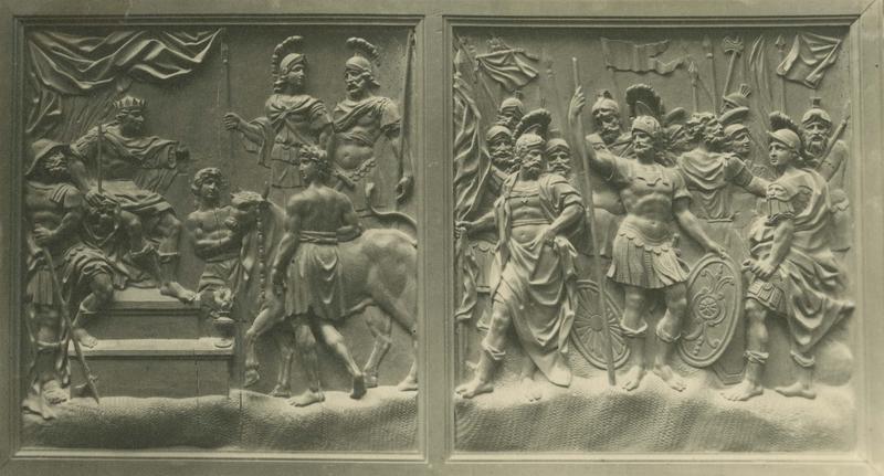 bas-relief : saint Maurice et saint Victor refusant de sacrifier aux idoles, le Jugement de saint Maurice et de la légion thébaine