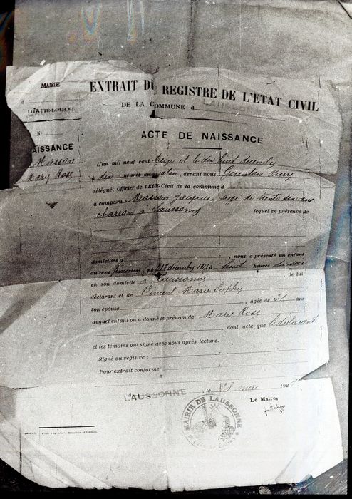 document imprimé : Extrait du registre de l'Etat Civil, Acte de Naissance de Marie Rose Masson - © Ministère de la Culture (France), Médiathèque du patrimoine et de la photographie, diffusion RMN-GP