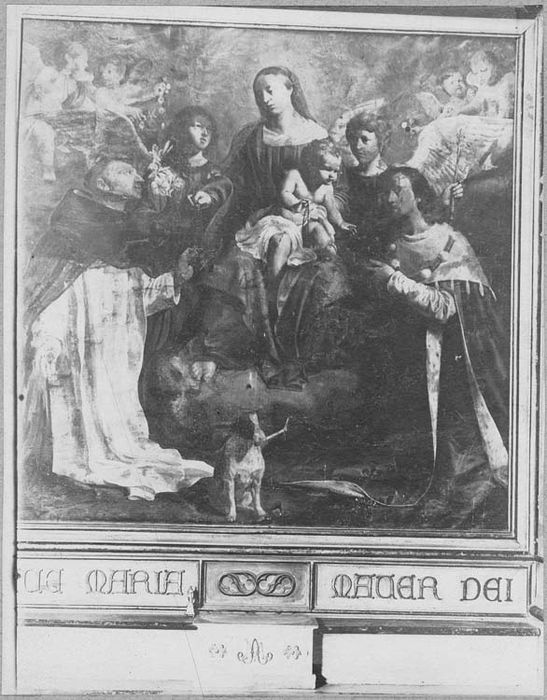 tableau : la Vierge du Rosaire entre saint Dominique et saint Louis