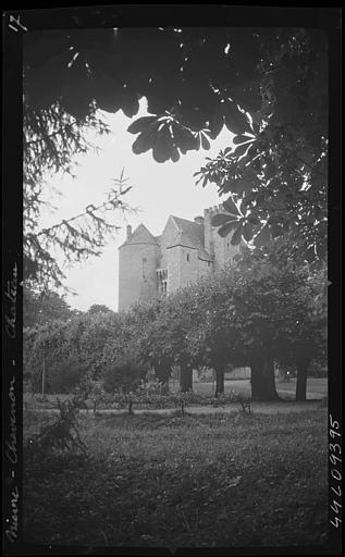 Partie haute de façade, vue au travers de frondaisons