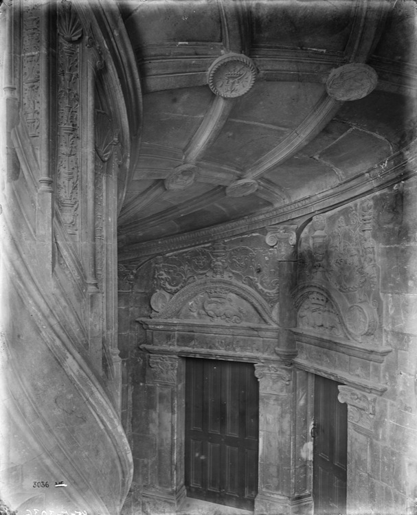 Aile François 1er, escalier d'apparat à cage polygonale, intérieur : noyau, voûte et portes