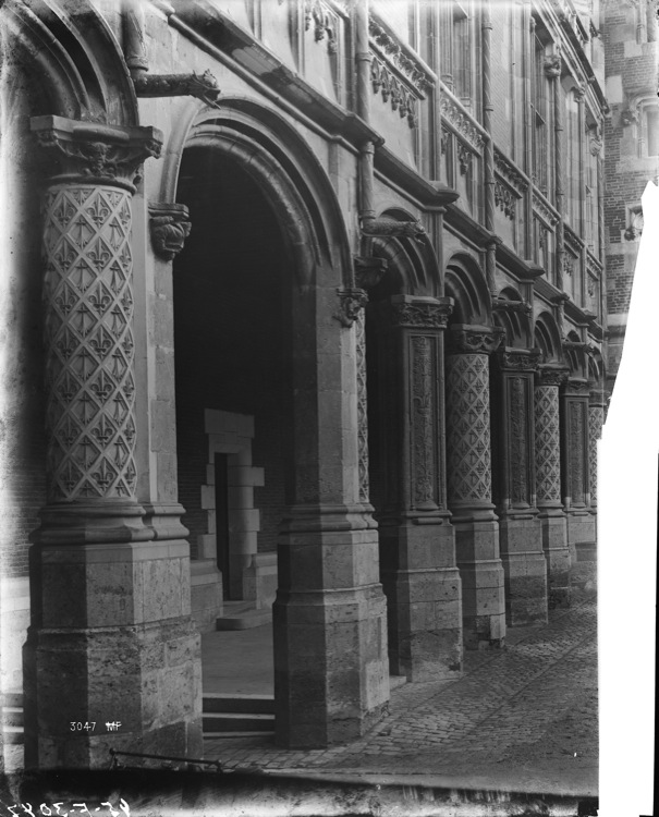 Aile Louis XII, façade sur cour : arcades, colonnes sculptées de fleurs de lys