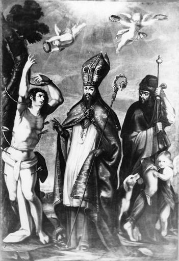 tableau : saint Martin saint Roch et saint Sébastien, huile sur toile, par J. Pierrat, 1662, après restauration de Mai 1980