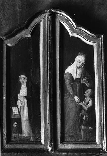 tableau : Donatrice agenouillée et sainte Elisabeth de Hongrie faisant l'aumône, panneaux peints provenant d'un diptyque, 17e siècle - © Ministère de la Culture (France), Médiathèque du patrimoine et de la photographie (objets moibliers), tous droits réservés