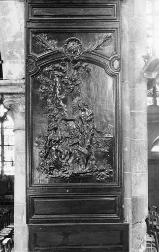 dossier sculpté de banc d'oeuvre, bois, 18e siècle, représentant une scène de Noli me tangere - © Ministère de la Culture (France), Médiathèque du patrimoine et de la photographie (objets moibliers), tous droits réservés