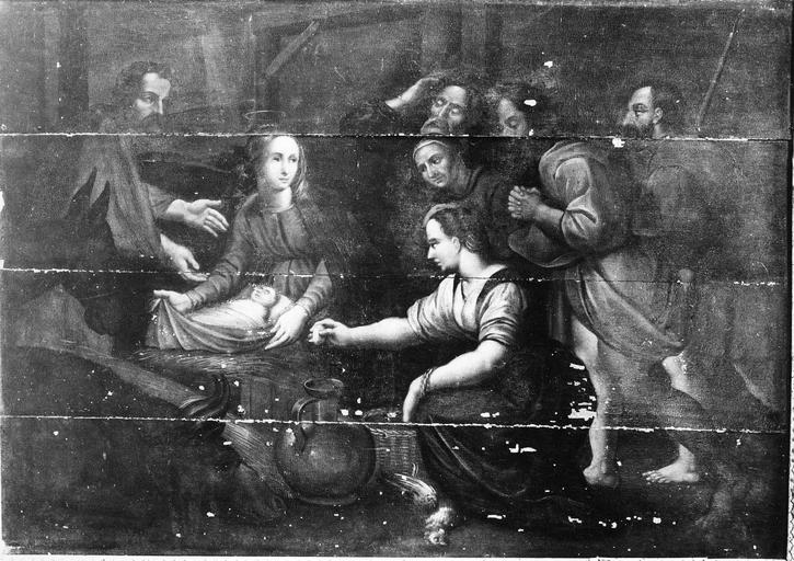 tableau : L' Adoration des bergers, panneau peint, 17e siècle