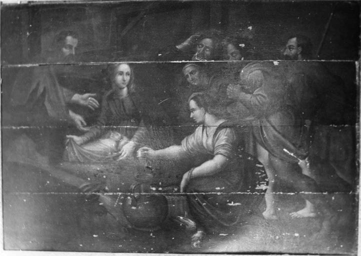 tableau : L' Adoration des bergers, panneau peint, 17e siècle, avant restauration