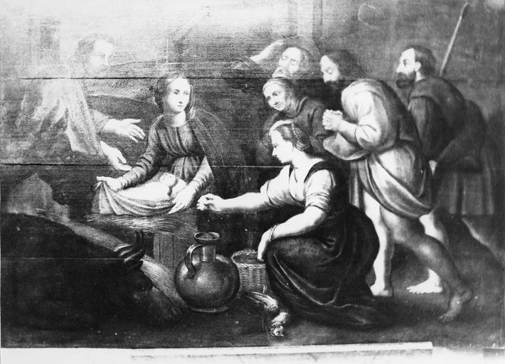 tableau : L' Adoration des bergers, panneau peint, 17e siècle, après restauration