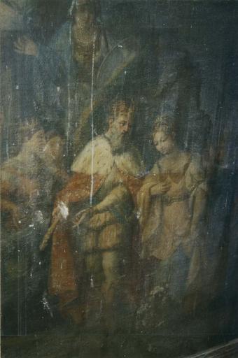 tableau : Salomon et la reine de Saba, huile sur toile, début du 17e siècle, détail des figures de Salomon et de la reine de Saba