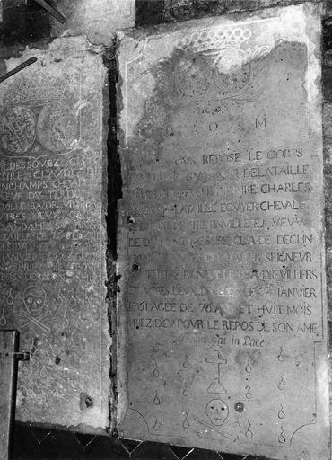 pierre tombale de Suzanne de La Taille, pierre gravée avec armoiries, croix, crâne et larmes, 1761 - © Ministère de la Culture (France), Médiathèque du patrimoine et de la photographie, diffusion RMN-GP